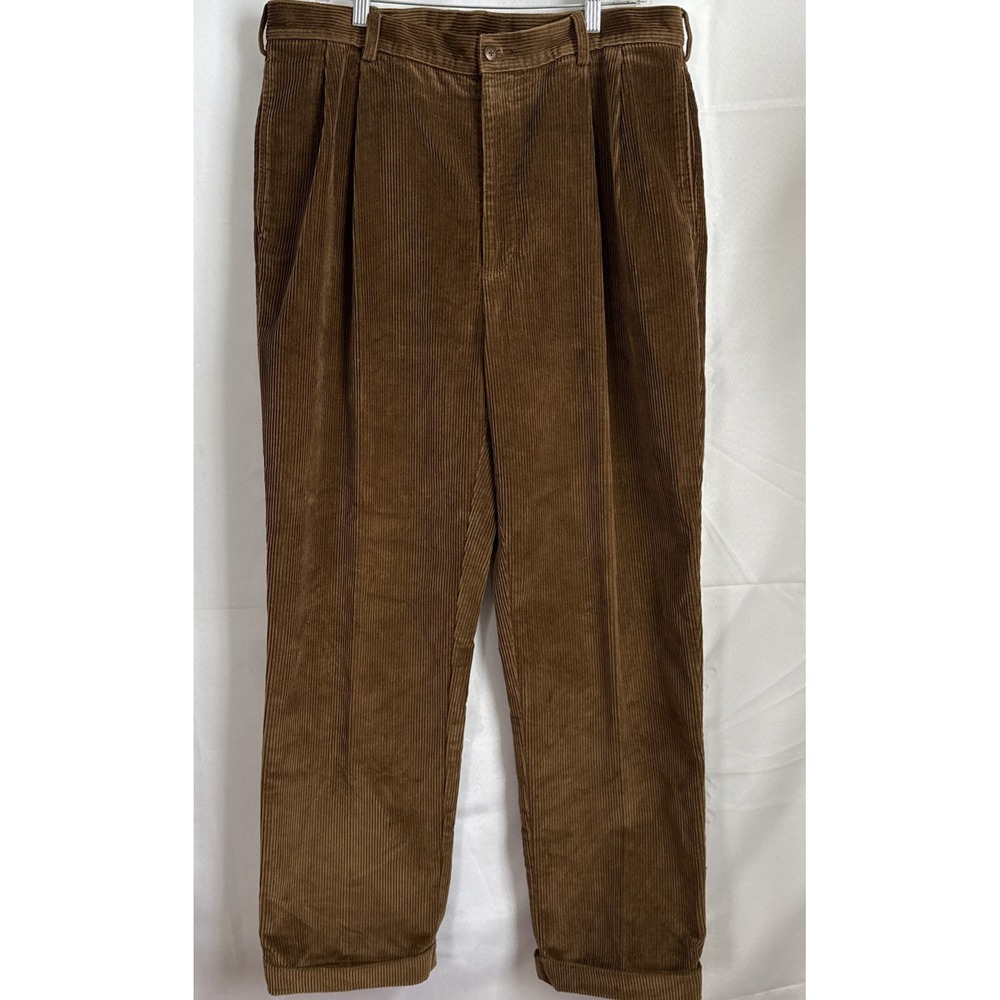 Jos. A Bank Corduroy Pants Men's 36x30 Tan Brown Pleated Cotton Cuffed Trousers